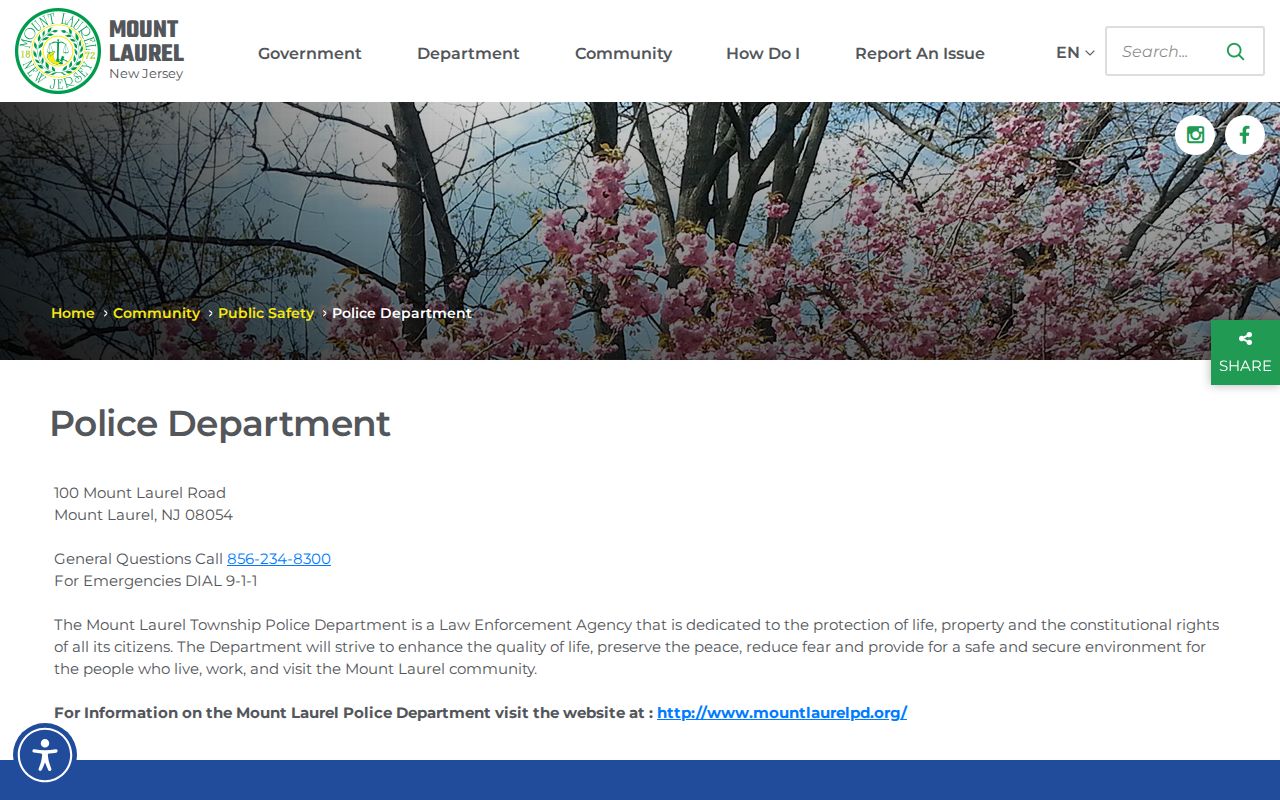 Mount Laurel Police Department location for Burlington County criminal record requests